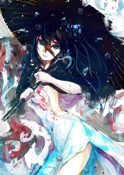 Anime picture 2480x3508 with original jinichi single long hair tall image looking at viewer highres blue eyes black hair hair flower light smile chinese clothes girl dress hair ornament flower (flowers) umbrella water drop chinese dress oriental umbrella