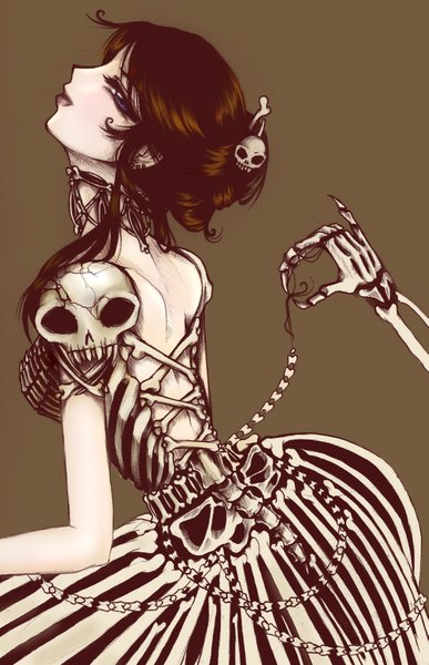 Anime picture 1355x2100 with original the-happy-tree single long hair tall image blue eyes smile brown hair looking back lipstick skull and crossbones girl dress hair ornament skull skull hair ornament