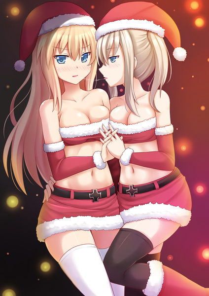 Anime picture 945x1337 with kantai collection bismarck battleship graf zeppelin (kantai collection) kazenokaze long hair tall image blush breasts blue eyes light erotic blonde hair twintails bare shoulders multiple girls cleavage grey hair bare belly zettai ryouiki fur trim holding hands