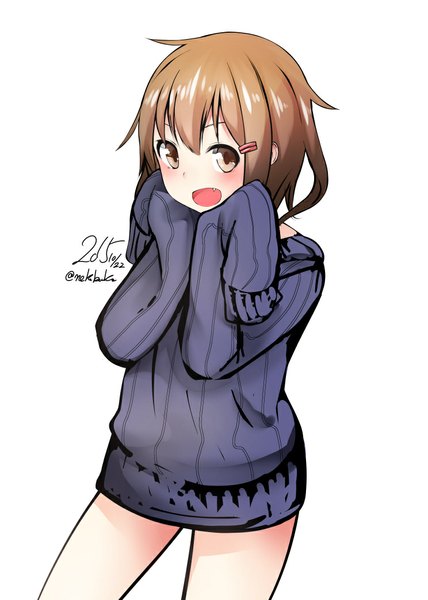 Anime picture 744x1044 with kantai collection ikazuchi destroyer nekobaka single tall image looking at viewer blush fringe short hair open mouth light erotic simple background brown hair standing white background brown eyes signed long sleeves :d from above