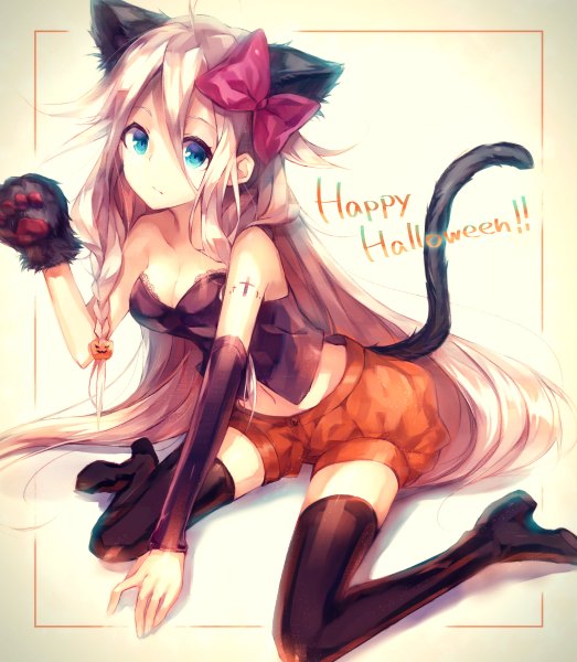 Anime picture 1046x1200 with vocaloid ia (vocaloid) chocoan single long hair tall image looking at viewer blue eyes blonde hair sitting bare shoulders animal ears tail braid (braids) animal tail cat ears inscription cat tail tattoo twin braids