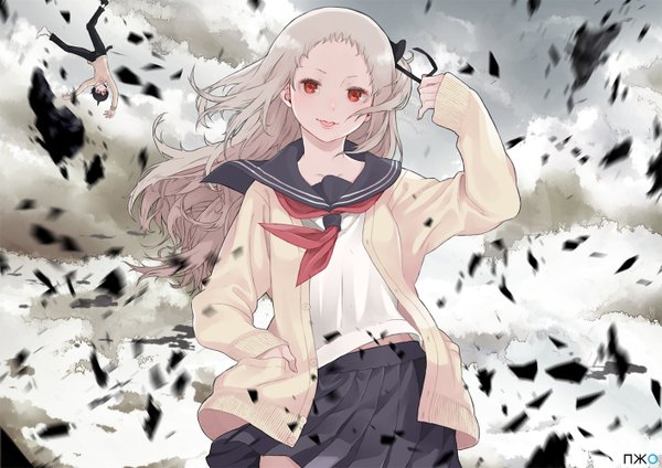 Anime picture 1414x1000 with original neurzero (artist) long hair looking at viewer short hair black hair red eyes standing cloud (clouds) parted lips pleated skirt wind grey hair no shoes :p hand in pocket upside down falling girl skirt