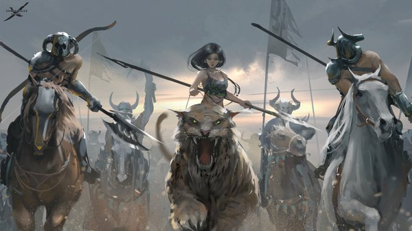 Anime picture 1600x899 with ghost blade aeolian wlop long hair breasts open mouth black hair wide image holding arm up fang (fangs) copyright name running riding girl boy weapon earrings animal necklace