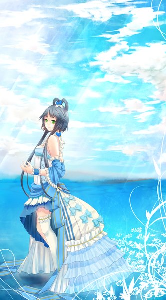 Anime picture 1300x2337 with vocaloid vocaloid china luo tianyi sarie (zyy842434511) long hair tall image black hair bare shoulders green eyes cloud (clouds) girl thighhighs dress hair ornament bow detached sleeves white thighhighs