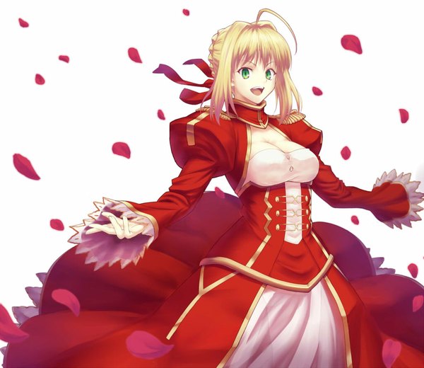 Anime picture 1023x887 with fate (series) fate/extra type-moon nero claudius (fate) (all) nero claudius (fate) bible (pixiv) single looking at viewer short hair simple background blonde hair white background green eyes ahoge spread arms underbust girl dress ribbon (ribbons) hair ribbon
