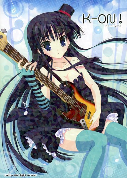 Anime picture 2442x3407 with k-on! kyoto animation akiyama mio mitha single long hair tall image highres black hair purple eyes scan girl thighhighs dress hat guitar