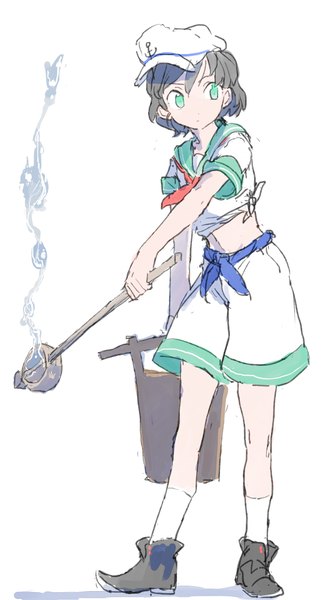 Anime picture 537x1000 with touhou murasa minamitsu motsuni (artist) single tall image short hair black hair simple background white background green eyes looking away bare belly girl water socks shorts white socks sailor suit flat cap white shorts