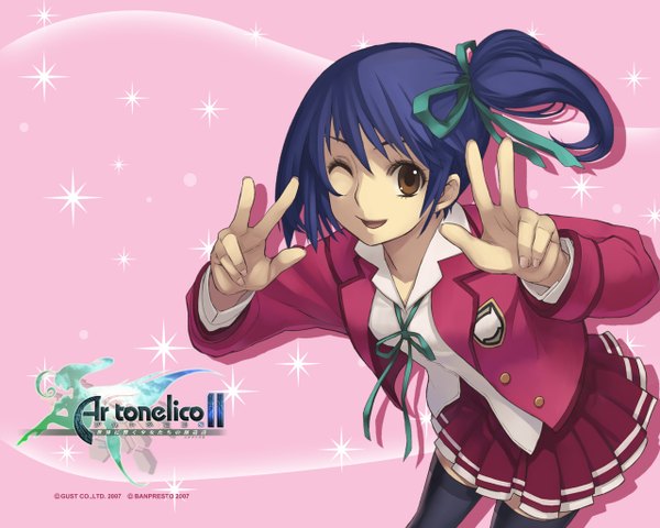 Anime picture 1280x1024 with ar tonelico ar tonelico ii gust (company) luca truelywaath frelia nagi ryou single looking at viewer fringe short hair open mouth simple background smile brown hair payot blue hair one eye closed wink arms up shadow