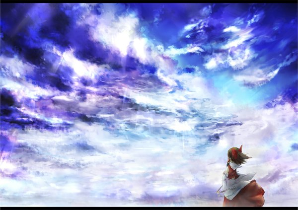 Anime picture 1053x744 with touhou hakurei reimu yu (kongxiang) single short hair brown hair sky cloud (clouds) ponytail miko scenic girl bow hair bow detached sleeves gohei