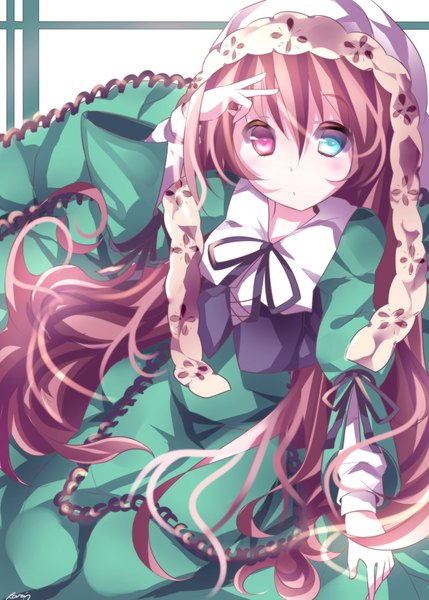 Anime picture 2591x3624 with rozen maiden suiseiseki pino (straight) single long hair tall image blush highres red eyes brown hair sitting green eyes signed :o heterochromia lolita fashion girl dress ribbon (ribbons) headdress