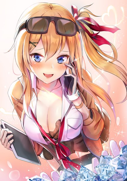 Anime picture 707x1000 with girls frontline kalina (girls frontline) qian wu atai long hair tall image looking at viewer blush fringe breasts open mouth blue eyes light erotic blonde hair smile hair between eyes large breasts holding cleavage open clothes sparkle