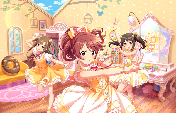 Anime picture 1280x824 with idolmaster idolmaster cinderella girls idolmaster cinderella girls starlight stage mizumoto yukari nakano yuka shiina noriko long hair looking at viewer blush short hair open mouth smile brown hair twintails multiple girls bent knee (knees) ponytail official art sparkle two side up