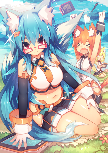 Anime picture 1060x1500 with original mamuru long hair tall image looking at viewer open mouth blonde hair red eyes sitting multiple girls animal ears blue hair outdoors tail eyes closed animal tail orange hair teeth fang (fangs) fox ears