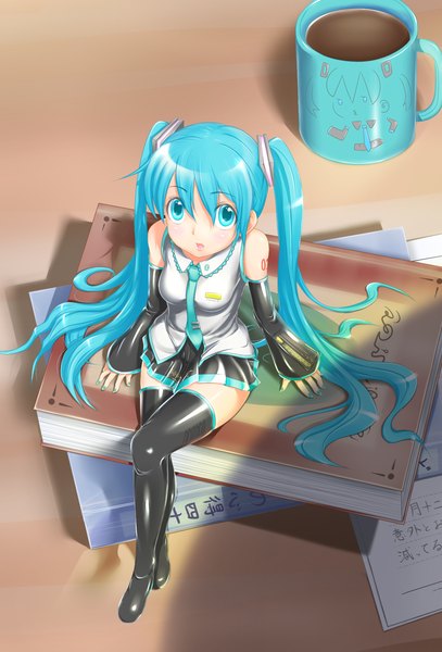 Anime picture 1283x1890 with vocaloid hatsune miku irudana single long hair tall image looking at viewer blush open mouth sitting twintails bare shoulders aqua eyes aqua hair girl skirt detached sleeves miniskirt necktie book (books)