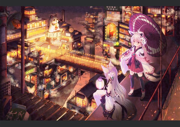 Anime picture 2000x1414 with original misaki yuu (dstyle) long hair looking at viewer blush highres standing sitting bare shoulders multiple girls holding animal ears yellow eyes looking away silver hair full body ahoge outdoors tail traditional clothes