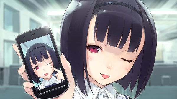 Anime picture 2560x1440 with hana wa oritashi kozue wa takashi blush highres short hair black hair red eyes wide image game cg one eye closed wink :p girl hairband phone