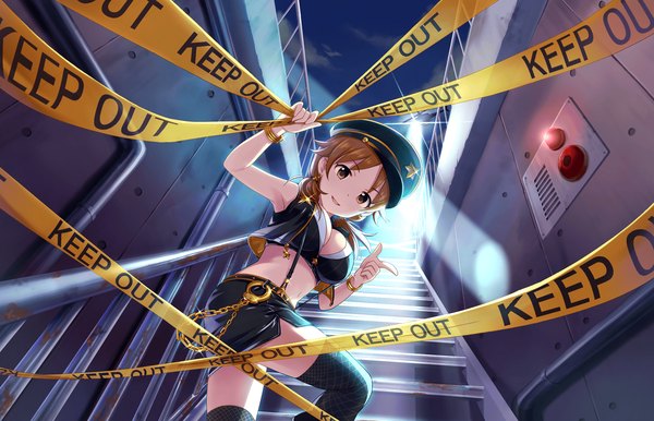 Anime picture 1280x824 with idolmaster idolmaster cinderella girls idolmaster cinderella girls starlight stage katagiri sanae long hair looking at viewer fringe breasts smile brown hair large breasts bare shoulders holding brown eyes cleavage cloud (clouds) parted lips night official art bare belly