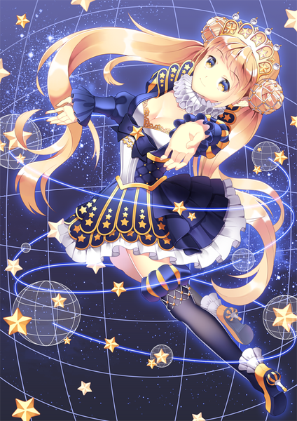 Anime picture 620x877 with original dal (daloil tm) single tall image looking at viewer blonde hair smile twintails yellow eyes very long hair hair bun (hair buns) star print girl thighhighs dress hair ornament black thighhighs frills star (symbol) star (stars)