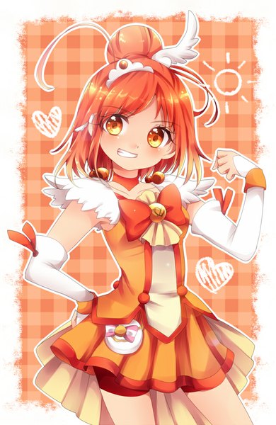 Anime picture 650x1000 with precure smile precure! toei animation hino akane (smile precure!) cure sunny uzuki aki single tall image blush short hair smile looking away ahoge red hair hair bun (hair buns) orange eyes hand on hip girl dress detached sleeves