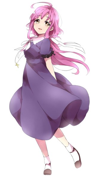 Anime picture 1173x2093 with gakkou gurashi! sakura megumi sekina single tall image looking at viewer fringe breasts simple background smile standing white background brown eyes pink hair ahoge head tilt short sleeves standing on one leg hands behind back girl