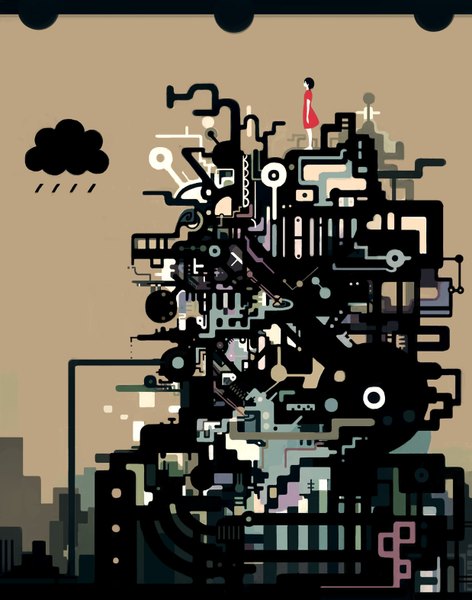 Anime picture 1238x1574 with original kamin (pixiv) tall image cloud (clouds) city rain abstract girl dress