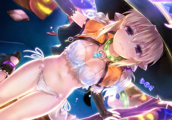 Anime picture 1200x834 with senran kagura kafuru (senran kagura) ccc single long hair looking at viewer blush fringe light erotic blonde hair hair between eyes purple eyes twintails blurry sweat depth of field sweatdrop halloween frown girl