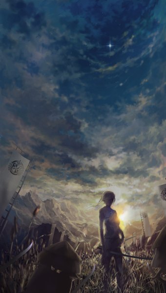 Аниме картинка 1369x2414 с опровергающая пуля super dangan ronpa 2 pekoyama peko nyarko высокое изображение чёлка стоя держать небо облако (облака) ветер гора (горы) поле утро восход девушка оружие растение (растения) меч солнце