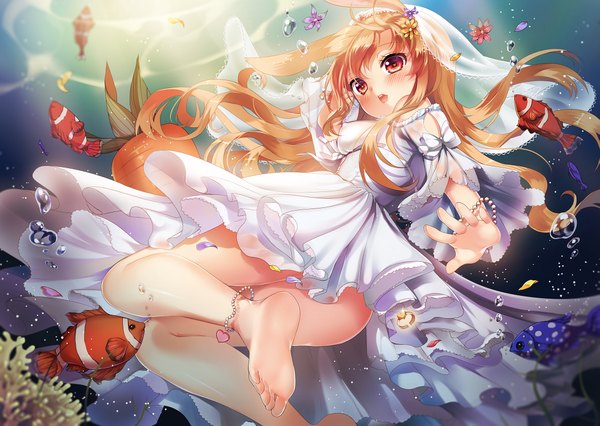 Anime picture 2109x1500 with original mvv single long hair blush highres open mouth light erotic red eyes brown hair animal ears barefoot bare legs underwater wedding girl dress bubble (bubbles) fish (fishes) beads