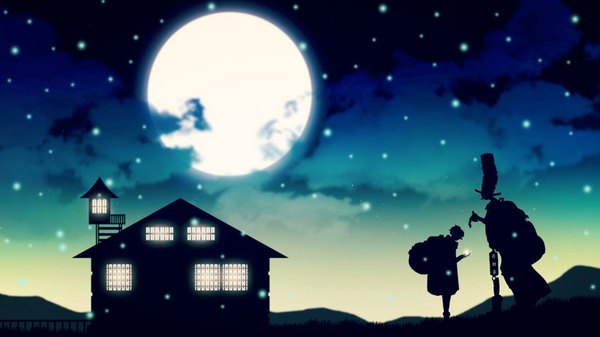 Anime picture 1600x900 with snow white (solaris clock) solaris clock harada miyuki wide image holding cloud (clouds) outdoors head tilt night snowing mountain silhouette boy building (buildings) moon full moon backpack railing house