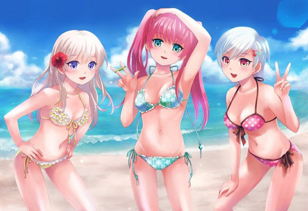 Anime picture 1080x740 with original yuki seharuto long hair looking at viewer blush short hair open mouth light erotic red eyes purple eyes twintails multiple girls green eyes pink hair sky cloud (clouds) white hair hair flower beach victory