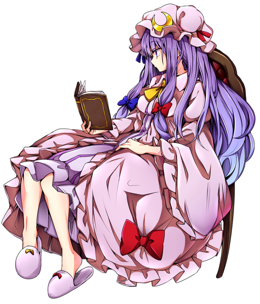 Anime-Bild 1024x1198 mit touhou patchouli knowledge baba (baba seimaijo) single long hair tall image sitting purple eyes purple hair profile transparent background reading girl dress bow hair bow shoes book (books) chair bonnet