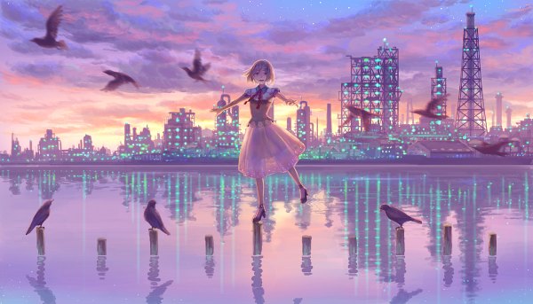 Anime picture 1200x686 with original hiko (scape) single looking at viewer fringe short hair open mouth blonde hair wide image sky cloud (clouds) city evening happy reflection sunset flying lake see-through silhouette girl