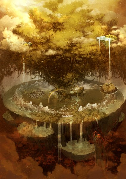 Anime picture 1000x1415 with original yuanmaru tall image cloud (clouds) city mountain no people river waterfall floating island volcano plant (plants) tree (trees) water rainbow island compass