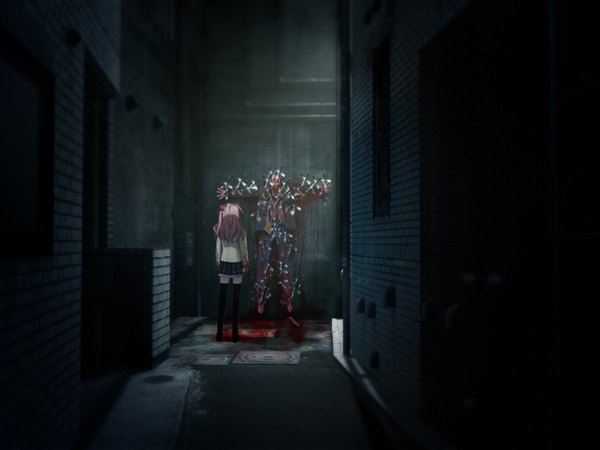 Anime picture 1280x960 with chaos;head sakihata rimi long hair standing pink hair outdoors indoors from behind shadow death alley horror girl boy serafuku blood