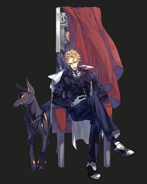 Anime picture 800x1000 with one-punch man madhouse genos tagme (artist) tall image looking at viewer short hair blonde hair simple background sitting yellow eyes crossed legs dark background striped open collar boy animal shirt boots cape