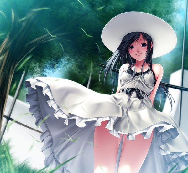 Anime picture 1300x1200 with original rezi black hair wind black eyes girl dress hat white dress