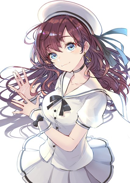 Anime picture 1200x1685 with idolmaster idolmaster cinderella girls ichinose shiki minato (shouno) single long hair tall image looking at viewer fringe blue eyes simple background smile hair between eyes brown hair white background head tilt pleated skirt floating hair wavy hair :3