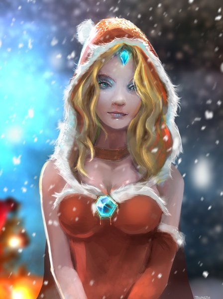 Anime picture 1512x2024 with dota 2 (game) rylai crestfall (dota 2) crystal maiden (dota 2) trungth (artist) single long hair tall image looking at viewer blue eyes blonde hair bare shoulders signed realistic snowing christmas winter merry christmas girl hood fire