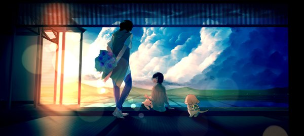 Anime picture 4000x1800 with tamagosho fringe highres short hair black hair smile wide image holding cloud (clouds) bent knee (knees) looking back sunlight hair over one eye mountain landscape sunbeam scenic girl boy flower (flowers)