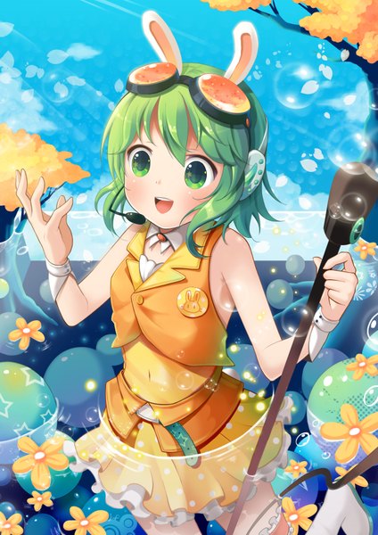 Anime picture 2480x3508 with vocaloid gumi koohino single tall image highres short hair open mouth green eyes green hair girl dress flower (flowers) bubble (bubbles) microphone stand