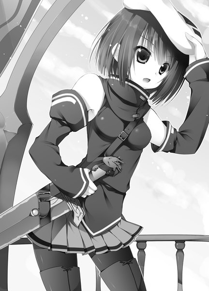 Anime picture 738x1024 with seirei tsukai no blade dance leonora lancaster sakura hanpen single tall image fringe short hair breasts open mouth hair between eyes standing bare shoulders holding looking away sky pleated skirt official art leaning leaning forward monochrome
