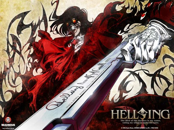 Anime picture 1024x768 with hellsing alucard (hellsing) black hair wallpaper mouth hold vampire boy glasses necktie gun cross single glove pistol