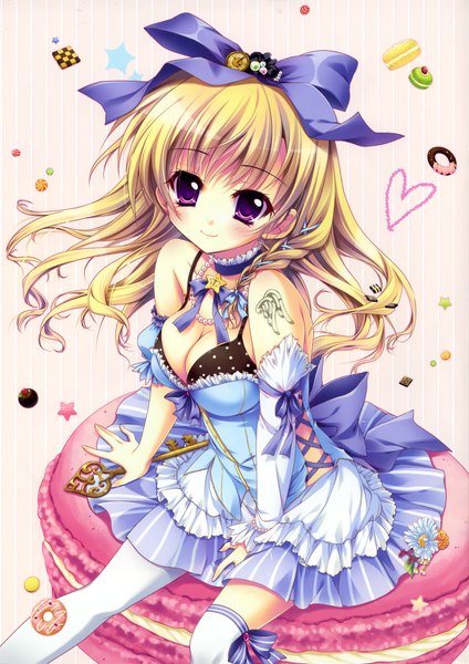 Anime picture 1706x2416 with original izumi tsubasu long hair tall image blush highres blonde hair smile purple eyes scan tattoo girl thighhighs dress bow hair bow detached sleeves white thighhighs food sweets