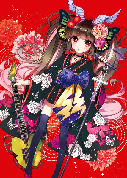 Anime picture 800x1125 with original naki ringo ringonaki single long hair tall image looking at viewer black hair red eyes twintails traditional clothes japanese clothes horn (horns) girl thighhighs flower (flowers) bow black thighhighs kimono guitar