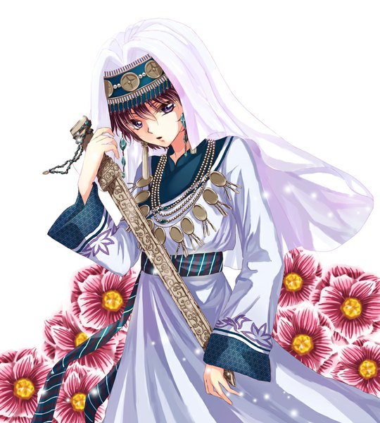 Anime picture 800x889 with akatsuki no yona studio pierrot yona (akatsuki no yona) kurisu (22kbkr) single tall image short hair simple background white background purple eyes looking away purple hair traditional clothes parted lips princess girl flower (flowers) weapon earrings sword