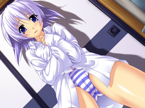 Anime picture 1024x768 with memories off sagisawa yukari buresu blue eyes light erotic blue hair cameltoe striped underwear panties shirt striped panties