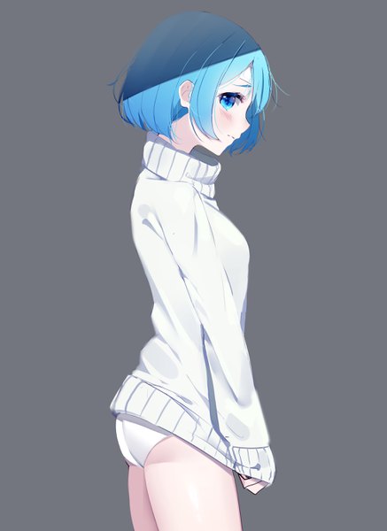 Anime picture 2000x2744 with original the cold single tall image looking at viewer blush highres short hair blue eyes light erotic simple background standing blue hair profile grey background shadow embarrassed sweater tug girl underwear