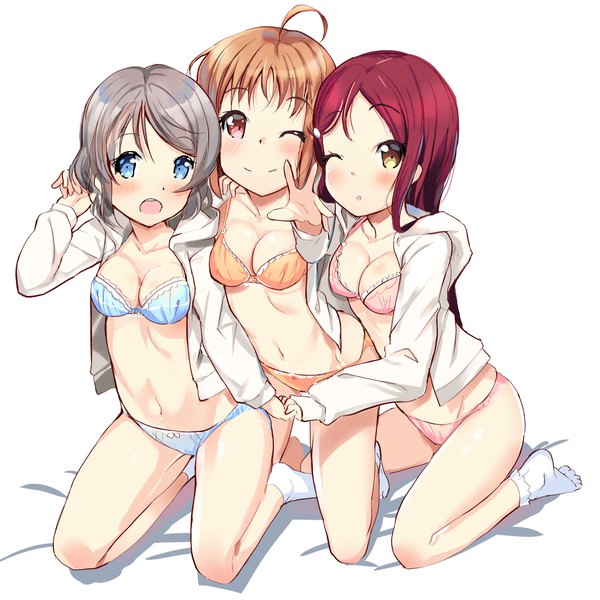 Anime picture 1135x1135 with love live! sunshine!! sunrise (studio) love live! sakurauchi riko watanabe you takami chika kurozu long hair looking at viewer blush fringe short hair breasts open mouth blue eyes light erotic simple background red eyes white background multiple girls