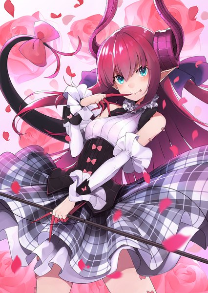 Anime picture 1000x1409 with fate (series) fate/extra fate/extra ccc elizabeth bathory (fate) (all) elizabeth bathory (fate) hachiroku (hatirokusann86) single long hair tall image looking at viewer blush fringe smile hair between eyes standing twintails bare shoulders holding pink hair horn (horns)