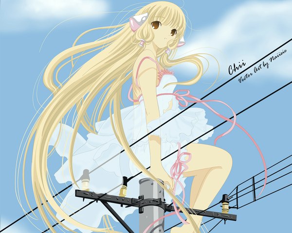 Anime picture 1280x1024 with chobits chii naiisie single long hair looking at viewer blonde hair sitting brown eyes signed sky cloud (clouds) very long hair vector third-party edit girl dress white dress sundress wire (wires)